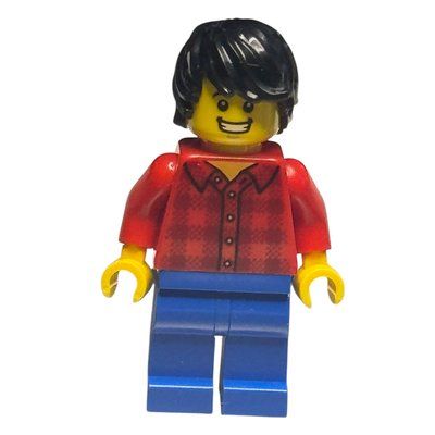 Minifigure Man, Red Flannel Shirt, Blue Legs, Black Hair, Clenched Teeth Smile del set 80103