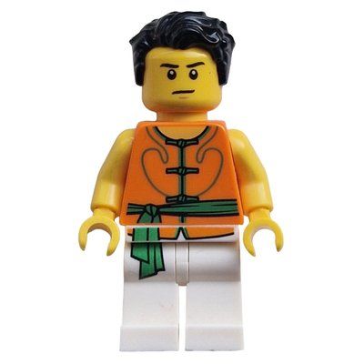 Minifigure Racer, White and Orange Robe with Ties and Sash Belt, Black Hair, Scared / Neutral del set 80103