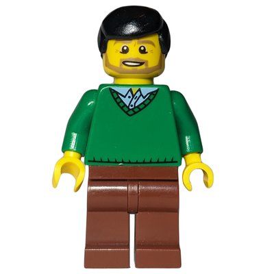 Minifigura Man, Green V-Neck Sweater, Reddish Brown Legs, Black Hair, Beard del set 4000034
