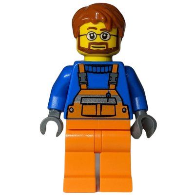 Minifigure Ground Crew, Orange Overalls over Blue Sweater, Dark Orange Hair, Beard and Glasses del set 4000012