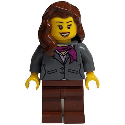 Minifiguur Woman, Dark Bluish Gray Jacket with Magenta Scarf, Reddish Brown Legs, Reddish Brown Hair uit set 4000008