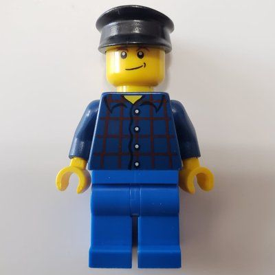 Minifiguur Man, Dark Blue Plaid Shirt, Blue Legs, Black Hat uit set 4000008