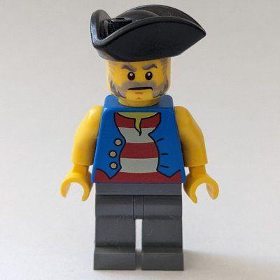 Figurine Pirate, Open Blue Vest over Red and White Striped Shirt, Black Tricorne Hat du set 31109