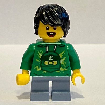 Minifiguur Kid - Green Torso, Sand Blue Legs, Black Hair uit set 40429