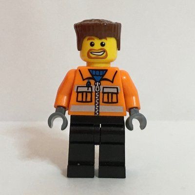 Minifigurka Construction Worker, Orange Jacket with Zipper and Reflective Stripes, Black Legs, Reddish Brown Hair, Goatee Beard z zestawu 6164