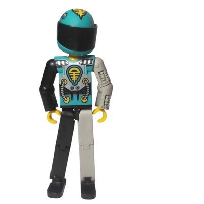 Minifigure Technic Figure Black/Light Gray Legs, Dark Turquoise Torso with Yellow, Black, Silver Print, Light Gray Mechanical Left Arm - Printed Helmet del set 8269