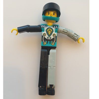 Minifigure Technic Figure Black/Light Gray Legs, Dark Turquoise Torso with Yellow, Black, Silver Print, Light Gray Mechanical Left Arm - Dark Turquoise Helmet from set 8482