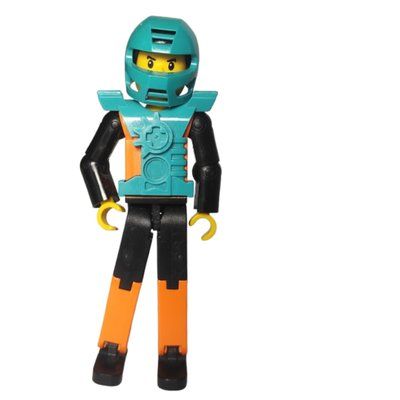 Minifigure Technic Figure Orange/Black Legs, Orange Torso with Silver Print, Black Arms, Black Hair - Dark Turquoise Helmet from set 8307