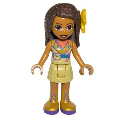 Minifigurka Andrea - Tan Jacket, Tan Skirt, Dark Brown Hair, Flower z zestawu 41434