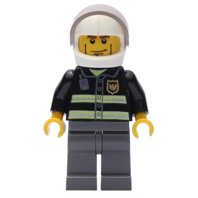 Figurine Fireman, Black Fire Jacket with Reflective Stripes, Radio, and Badge, White Helmet with Visor, Cheek Lines, Dark BLuish Grey Legs du set 4900