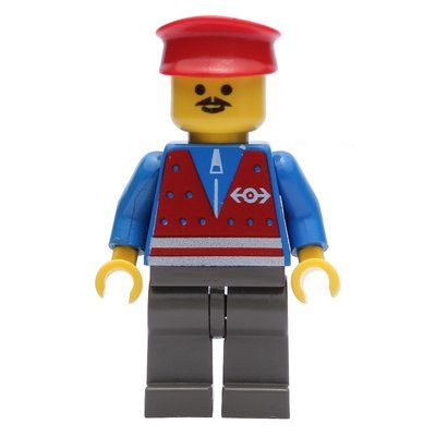 Minifigure Train Worker - Blue Torso, Dark Gray Legs, Red Hat from set 10020