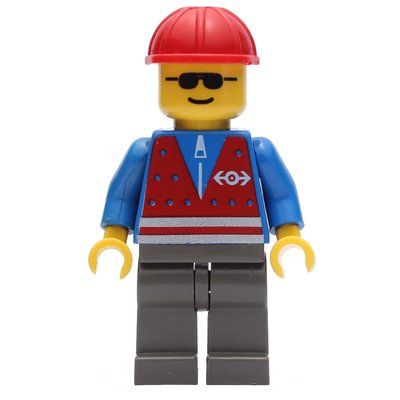 Minifigure Train Worker - Blue Torso, Dark Gray Legs, Red Helmet from set 10020
