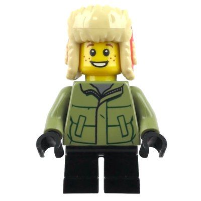 Minifiguur Boy, Olive Green Jacket, Black Legs, Red Ushanka Hat uit set 40424
