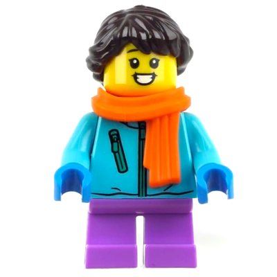 Minifiguur Girl, Medium Azure Jacket, Medium Lavender Legs, Orange Scarf, Dark Brown Hair uit set 40424
