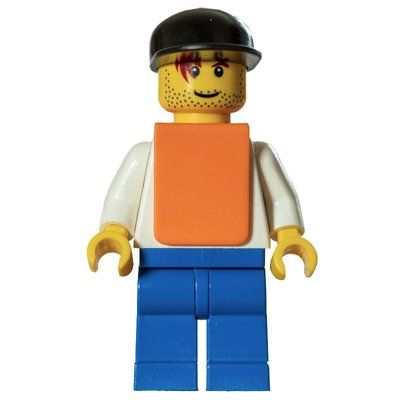 Minifigurka White Torso, Orange Vest, Blue Legs, Black Cap, Smile z zestawu 8672