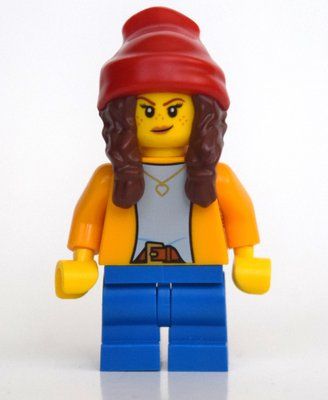 Minifigur Girl, Bright Light Orange Shirt, Blue Medium Legs, Red Beanie with Braids aus Set 60291