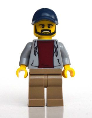 Minifigur Man, Light Bluish Gray Open Hoodie, Dark Tan Legs, Dark Blue Cap, Beard aus Set 60291