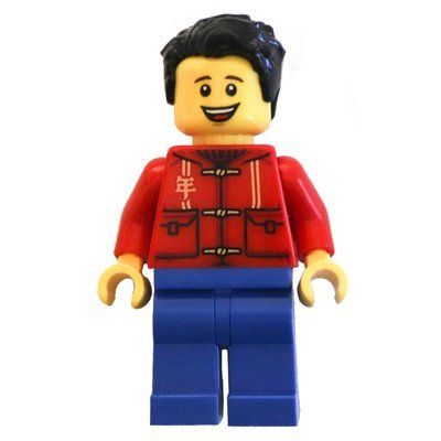Minifigure Red Torso, Blue Legs, Black Hair, Tan Bag del set 80106