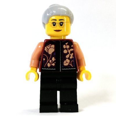 Minifigure Dark Red Torso, Black Legs, Light Bluish Grey Hair del set 80106