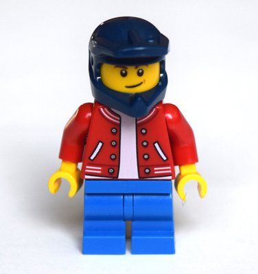 Minifigure Boy, Red Letterman Jacket, Blue Medium Legs, Dark Blue Dirt Bike Helmet from set 60290