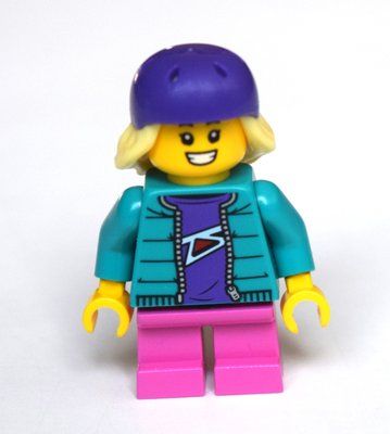 Minifigure Girl, Dark Turquoise Jacket, Short Dark Pink Legs, Dark Purple Bike Helmet from set 60290