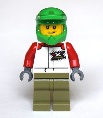 Minifigure Man, White Racing Jacket, Olive Green Legs, Green Dirt Bike Helmet, Stubble from set 60290