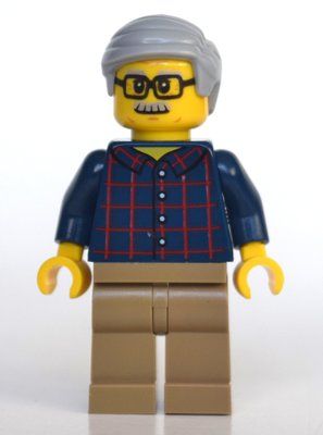 Figurine Man, Dark Blue Plaid Shirt, Dark Tan Legs, Light Bluish Gray Hair and Moustache, Glasses du set 60306