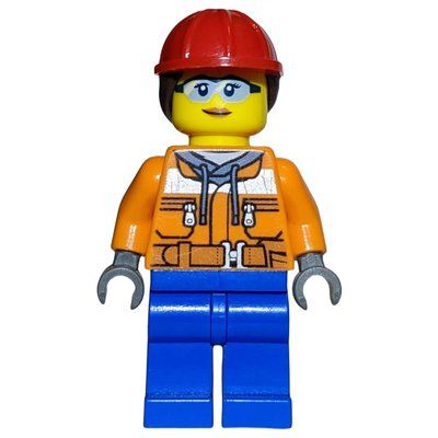 Figurine Construction Worker, Woman, Orange Safety Jacket, Blue Legs, Ponytail with Red Hard Hat du set 60306
