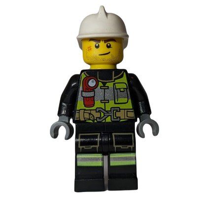 Minifigure Fireman, Black Firesuit with Lime Safety Vest and Torch, White Helmet del set 60280