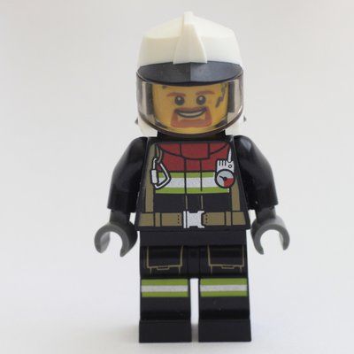 Minifigure Fireman, Black Firesuit, White Helmet with Black Peak and Neck Protector with Visor del set 60279