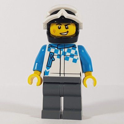 Minifigure Man, Racing Jacket, Black Helmet with White Snow Goggles del set 60288