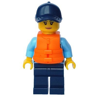 Minifiguur Policewoman, Bright Light Blue Shirt with Radio and Badge, Dark Blue Legs, Dark Blue Cap with Hair, Orange Life Jacket uit set 30567