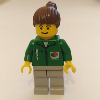 Minifigure Green Torso, Light Grey Legs, Brown Ponytail Hair from set 9293