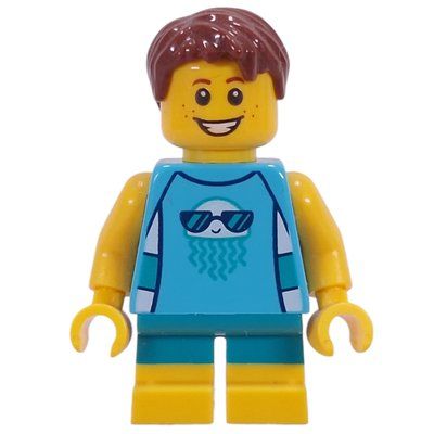 Minifigure Kid - Medium Azure Torso, Dark Turquoise/Yellow Legs, Reddish Brown Hair del set 40473