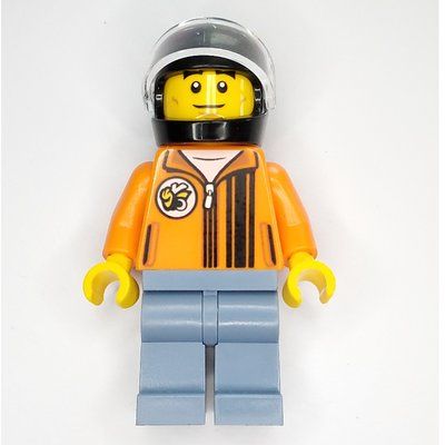 Minifigurka Race Driver - Orange Torso, Sand Blue Legs, Black Helmet z zestawu 76904