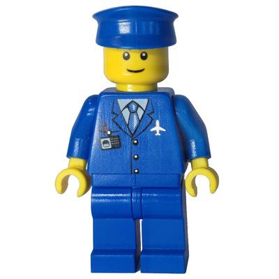 Figurine Pilot, Blue Jacket with Plane Logo and Blue Tie, Blue Legs, Blue Hat, Smile, Black Eyebrows du set 9348