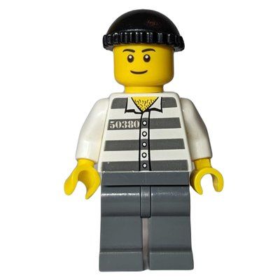 Figurine Criminal, Prison Shirt with #50380, Dark Bluish Gray Legs, Black Hat (3626bpr0891 Head) du set 9348