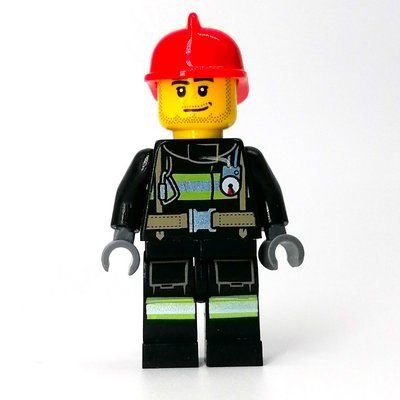 Minifigure Firefighter, Black Torso, Black Legs, Red Helmet del set 77943