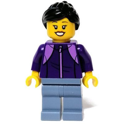 Minifigur Dark Purple Torso, Sand Blue Legs, Black Hair aus Set 80109