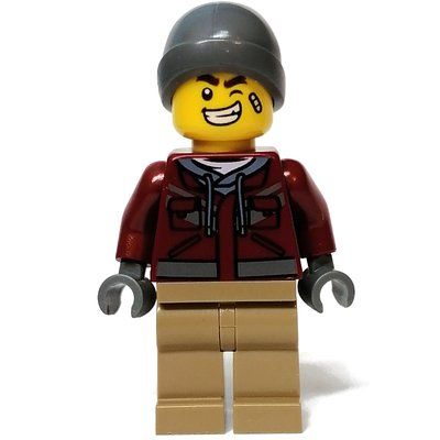 Minifigur Dark Red Torso, Dark Tan Legs, Dark Bluish Grey Hat aus Set 80109