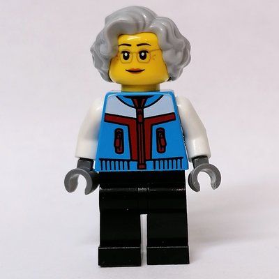 Minifigur Dark Azure Torso, Black Legs, Light Bluish Grey Hair aus Set 80109