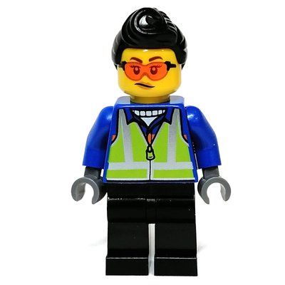 Minifigur Blue Torso, Black Legs, Black Hair, Orange Sun Glasses aus Set 80109