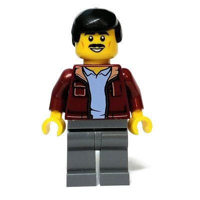 Minifigur Dark Red Torso, Dark Bluish Grey Legs, Black Hair aus Set 80109