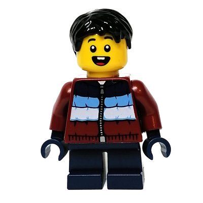 Minifigur Kid - Dark Red Torso, Dark Blue Legs, Black Hair aus Set 80109