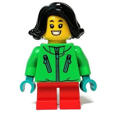 Minifigur Kid - Green Torso, Red Legs, Black Hair aus Set 80109