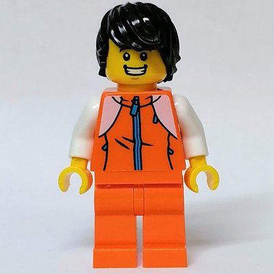 Minifigure Orange Torso, Orange Legs, Black Hair from set 80108