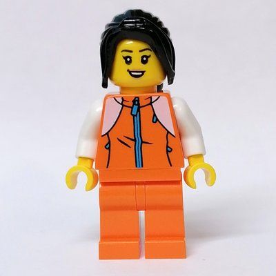 Minifigure Orange Torso, Orange Legs, Black Hair from set 80108