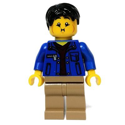 Minifigure Blue Torso, Dark Tan Legs, Black Hair from set 80108