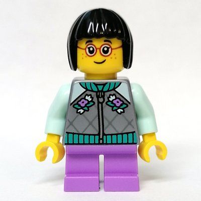 Minifigure Kid - Flat Silver Torso, Medium Lavender Legs, Black Hair from set 80108