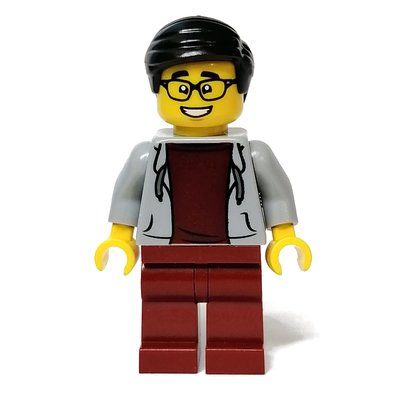 Minifigure Light Bluish Gray Torso, Dark Red Legs, Black Hair from set 80108